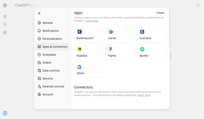ChatGPT Apps and Connectors menu with Create enabled